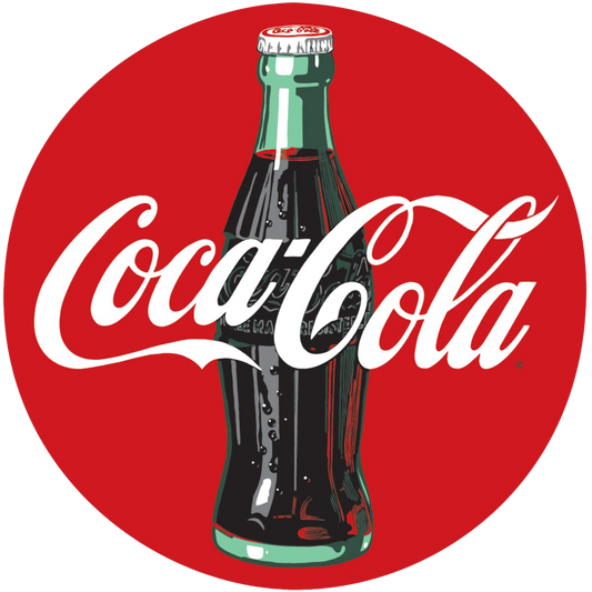 An embossed tin sign featuring a classic Coca-Cola bottle with the Coca-Cola script logo, against a bright red background, perfect for nostalgic decor.