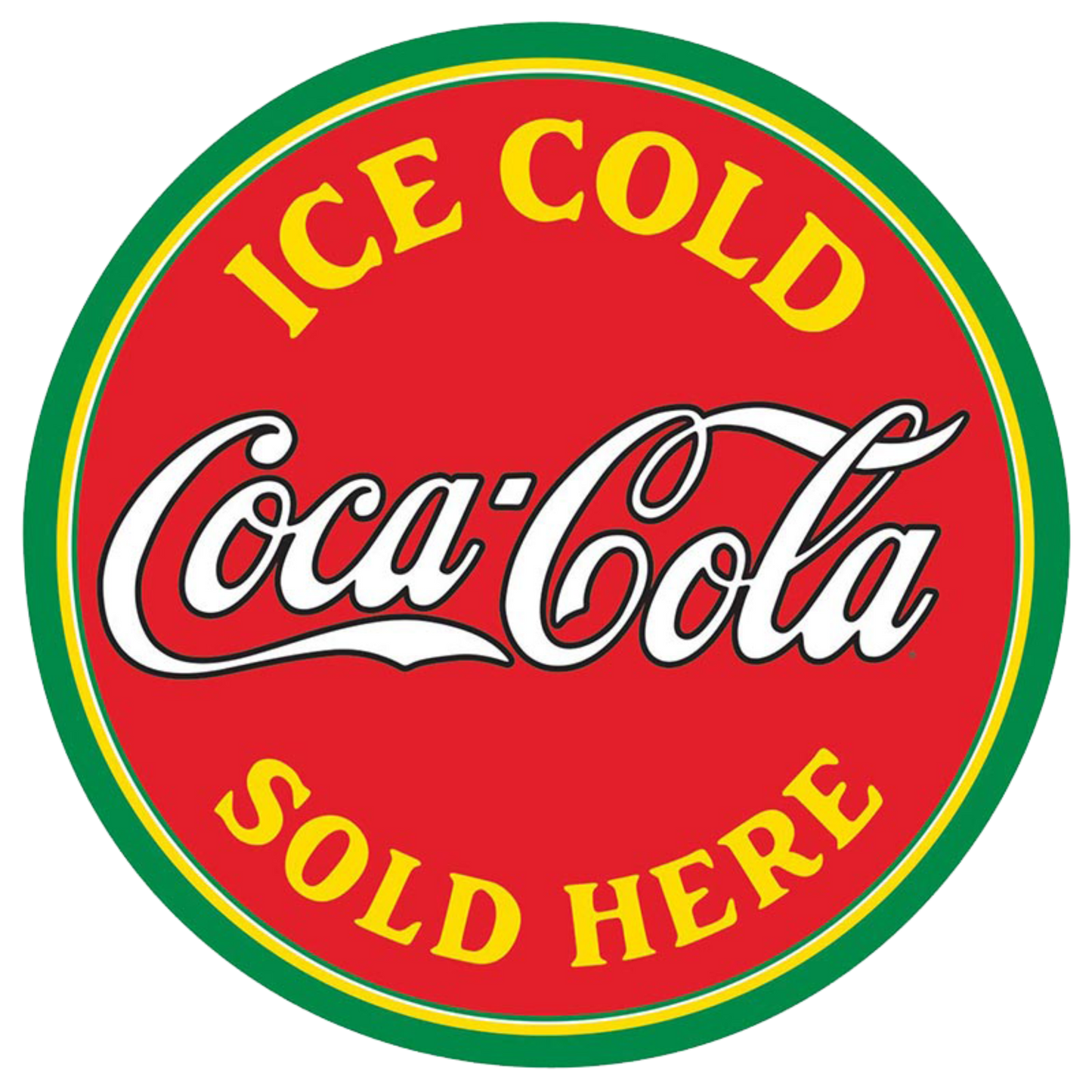 A round tin sign with the iconic Coca-Cola logo and the phrases "ICE COLD" and "SOLD HERE" indicating Coca-Cola is available at the location.