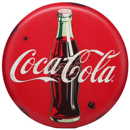 Round metal sign with vibrant red background showcasing the iconic Coca-Cola bottle and logo.