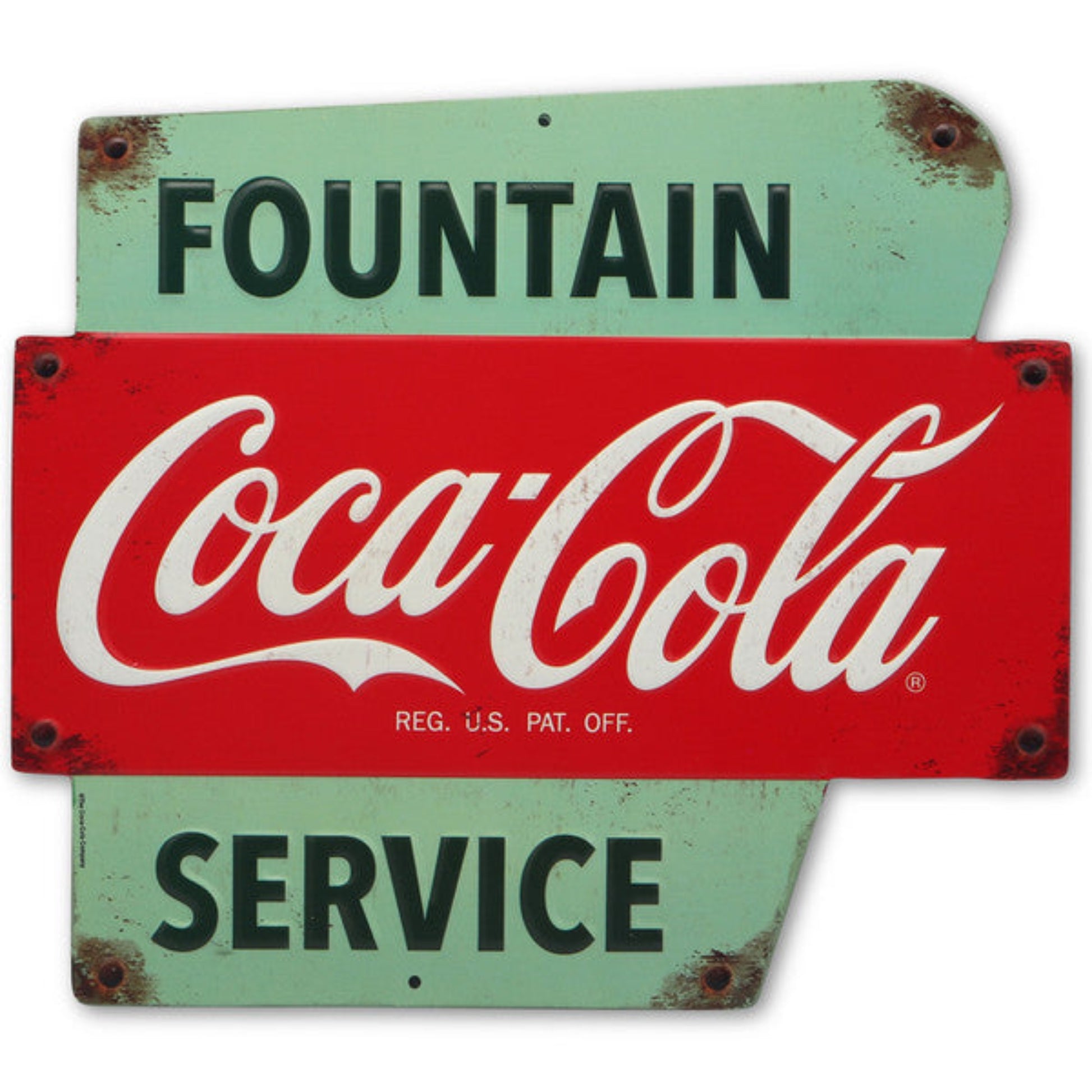 Vintage-style embossed metal sign with the words "Fountain Service" and the iconic red Coca-Cola logo.
