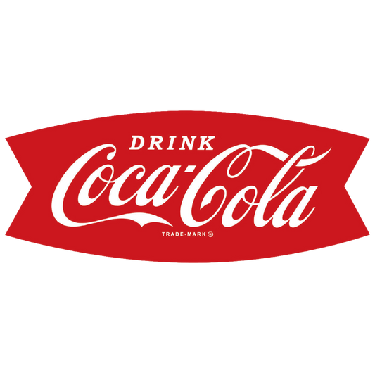 The Coke Arciform Tin Sign features the traditional "Drink Coca-Cola" slogan in white lettering on a classic red fishtail background, encapsulating the vintage vibe of the iconic brand.