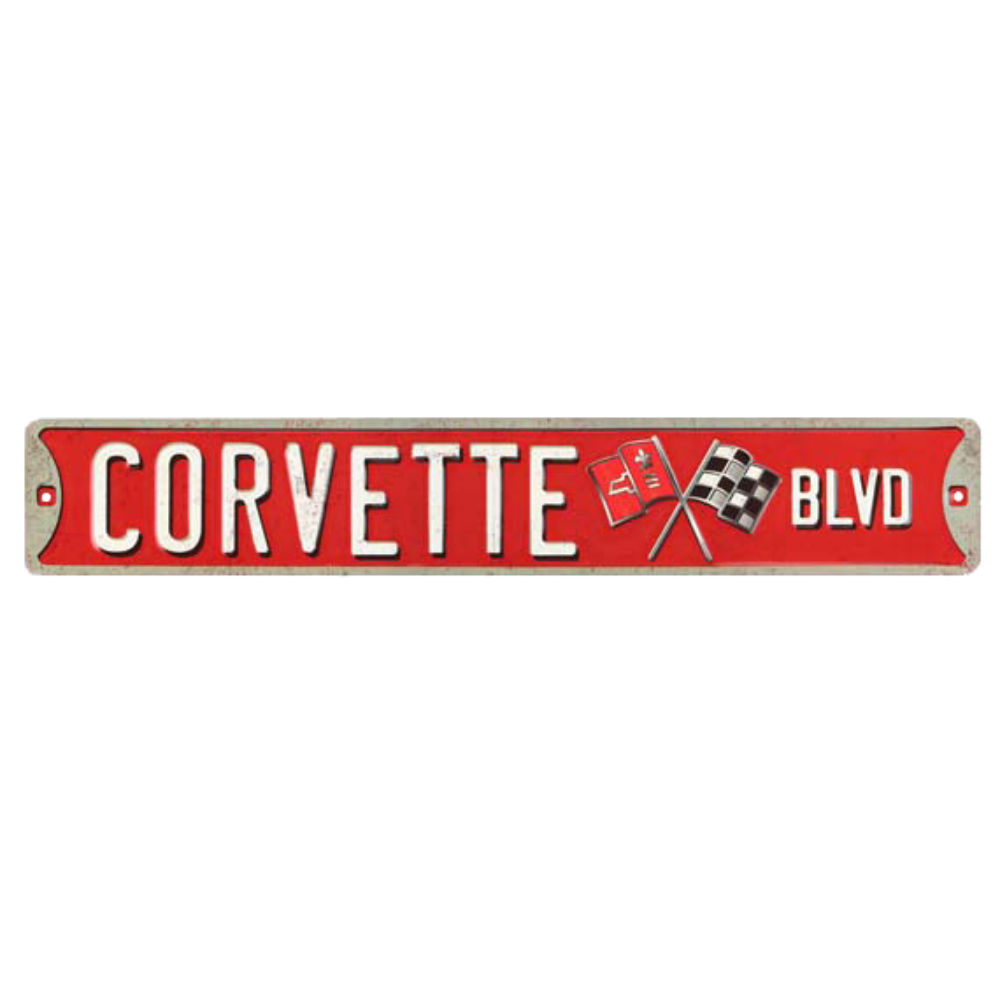 Long and narrow embossed tin sign with "CORVETTE BLVD" lettering and logo, ideal for car enthusiasts' decor.