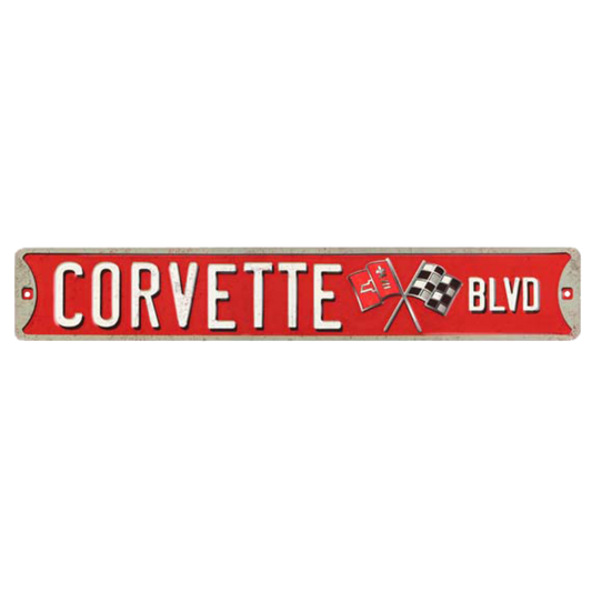 Long and narrow embossed tin sign with "CORVETTE BLVD" lettering and logo, ideal for car enthusiasts' decor.