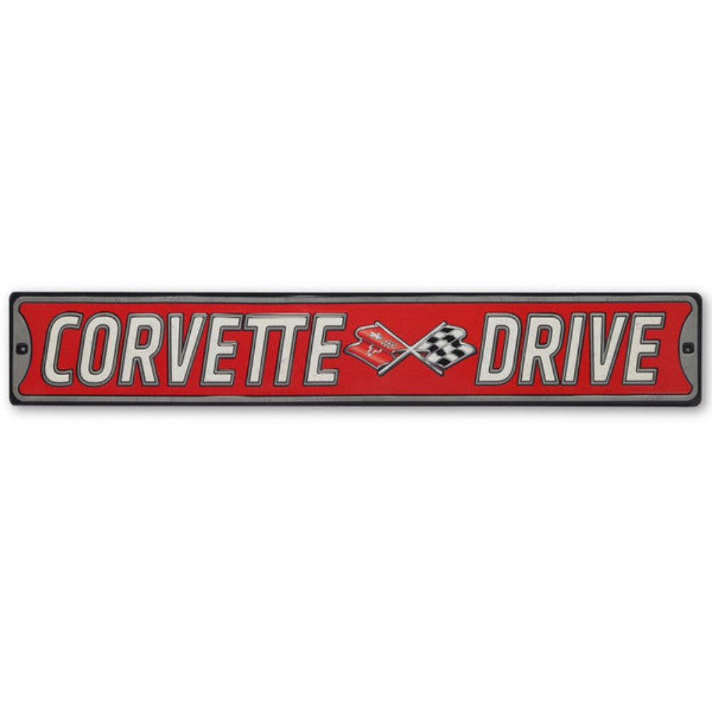 "Corvette Drive" embossed metal street sign in red featuring the Corvette emblem.