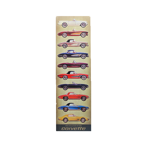 Vertical tin sign depicting the evolution of various Corvette car models in chronological order.