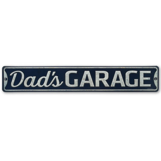 Vintage-style "Dad's Garage" embossed metal street sign in dark blue with silver lettering.