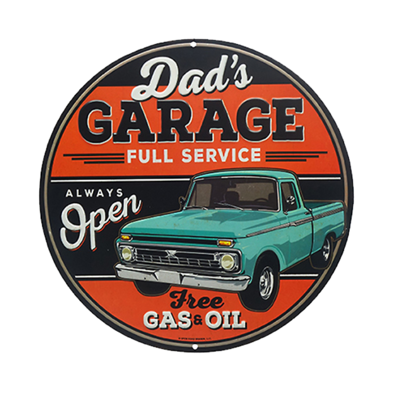 Vintage-inspired round tin sign reading "Dad's Garage Full Service, Always Open, Free Gas & Oil" with a classic pickup truck illustration, perfect for adding a retro touch to any car lover's decor.