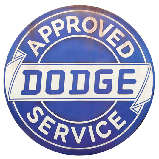 Vintage blue and white Dodge Approved Service round metal sign.