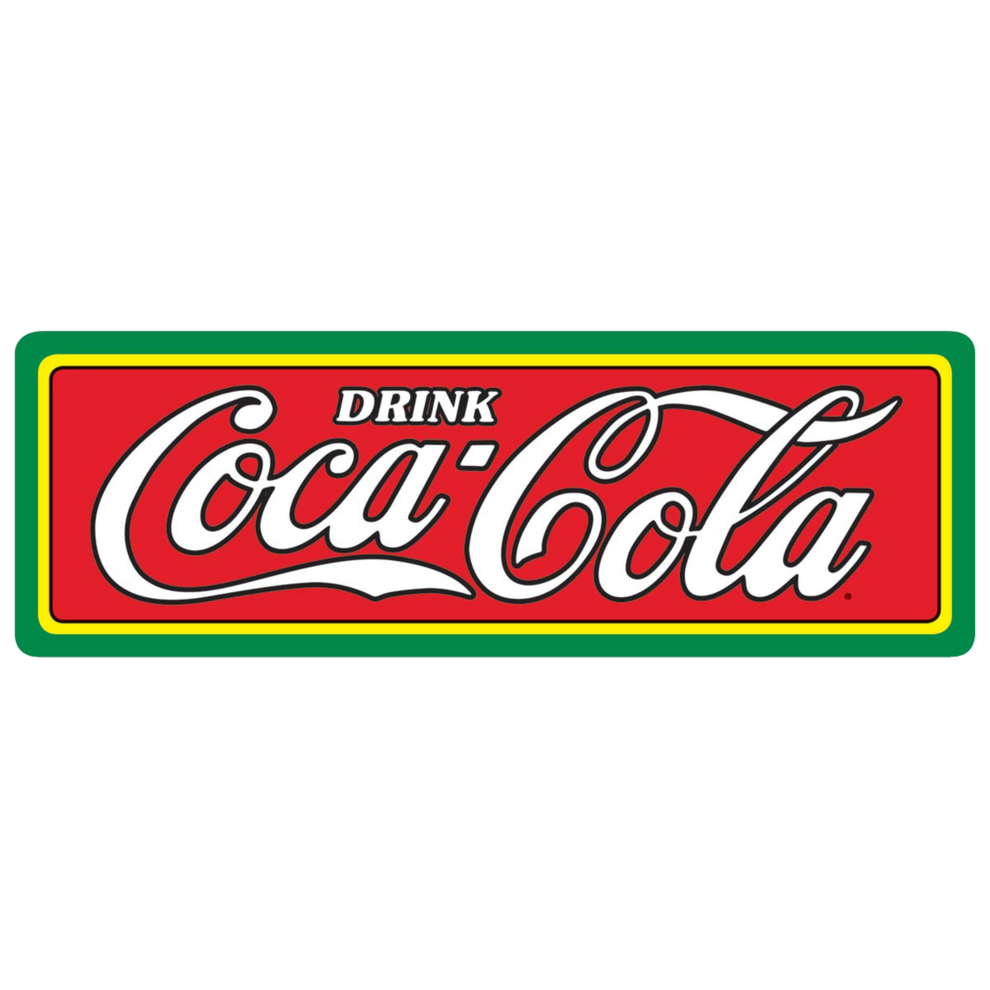 Rectangular red tin sign with green borders featuring "Drink Coca-Cola" in stylized white lettering.