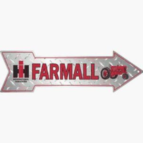 Arrow-shaped tin sign with a 'Farmall' logo and a red tractor illustration, set against a diamond steel pattern, reflecting a vintage farm aesthetic.