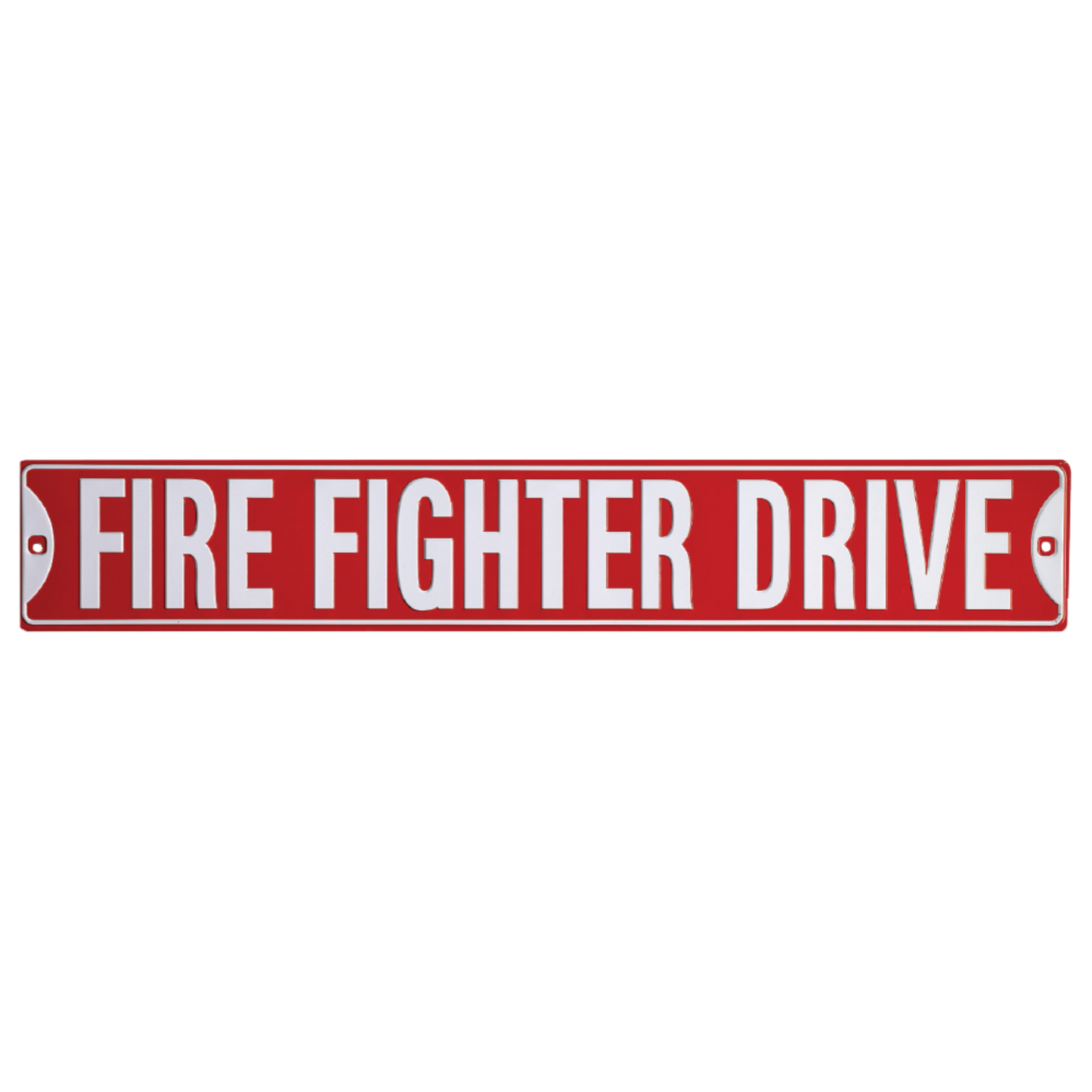 Red and white "FIRE FIGHTER DRIVE" street-style tin sign, honoring first responders.