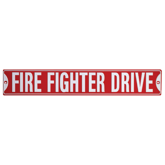Red and white "FIRE FIGHTER DRIVE" street-style tin sign, honoring first responders.