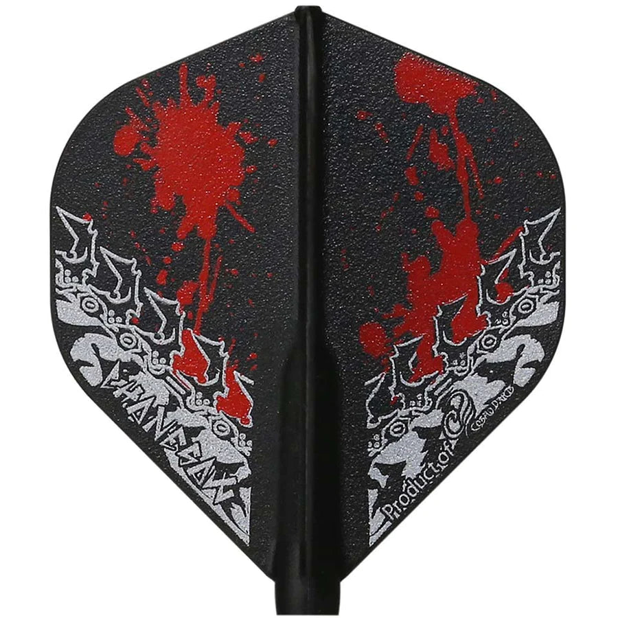  A singular black dart flight with white artwork depicting what seems to be a tribal inspired chainsaw tooth pattern on the bottom edges with the word "chanesaw". The flight also features red splattering that gives the visual impression of blood.