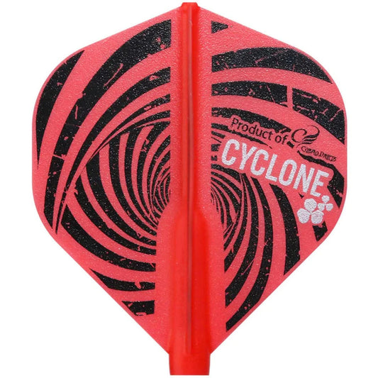A single dart flight in red, featuring black spiraling linework that gives the impression of a cyclone or swirl. There is also white text on the flight that reads "CYCLONE" with two shapes that appear to be three-leaf clovers.