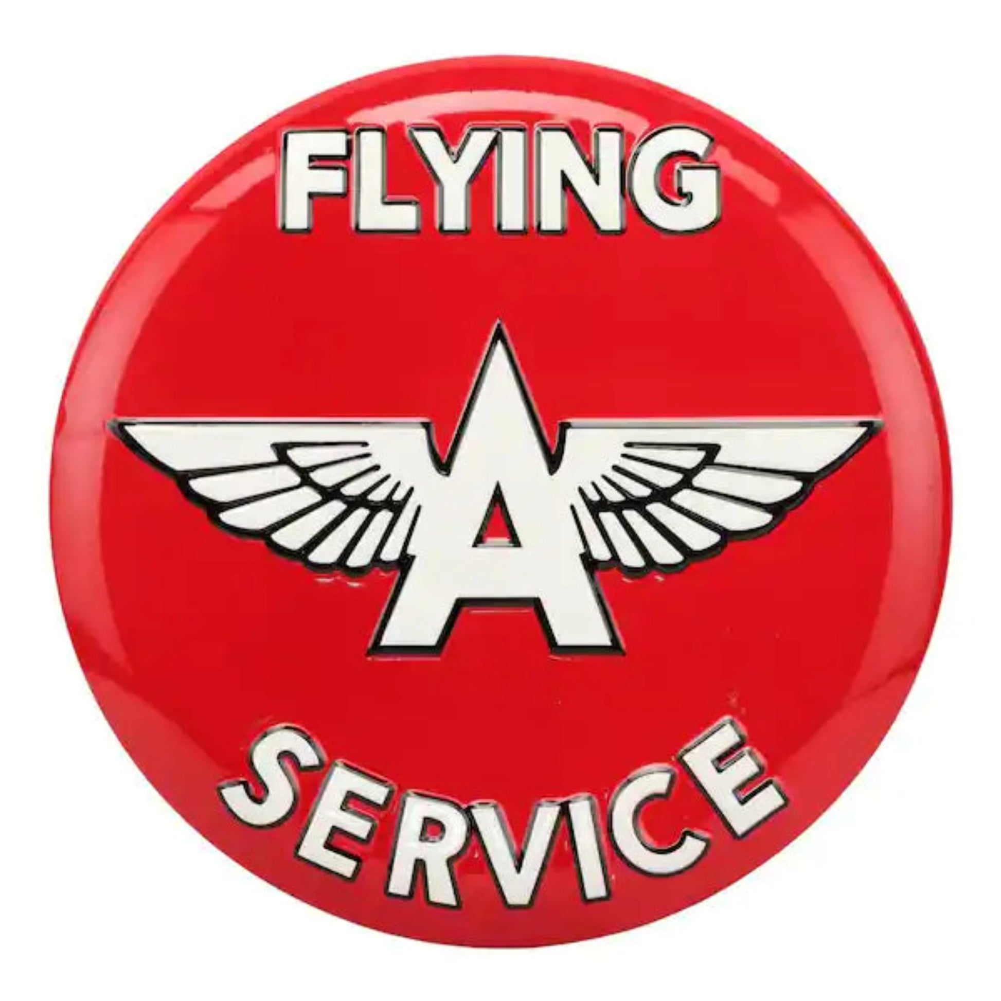 Bright red circular tin sign featuring a winged "A" emblem with the words "Flying A Service".