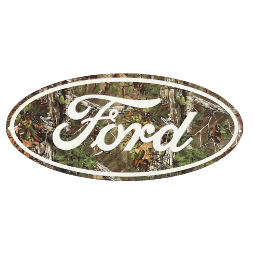 "Ford Logo on Camouflage Background" tin sign, perfect for outdoor enthusiasts and Ford fans.