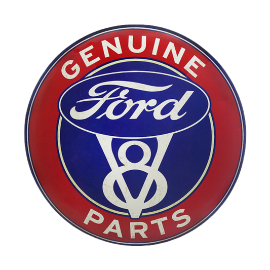 Red and blue tin sign featuring the classic Ford V8 logo and the inscription "Genuine Ford Parts."