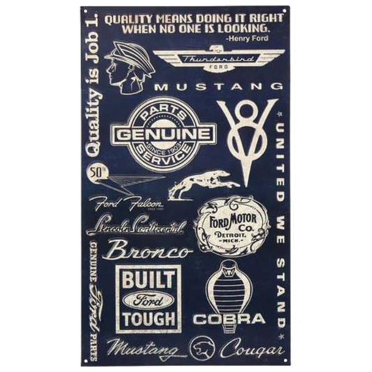 Navy blue tin sign featuring various iconic Ford logos, emblems, and quotes.