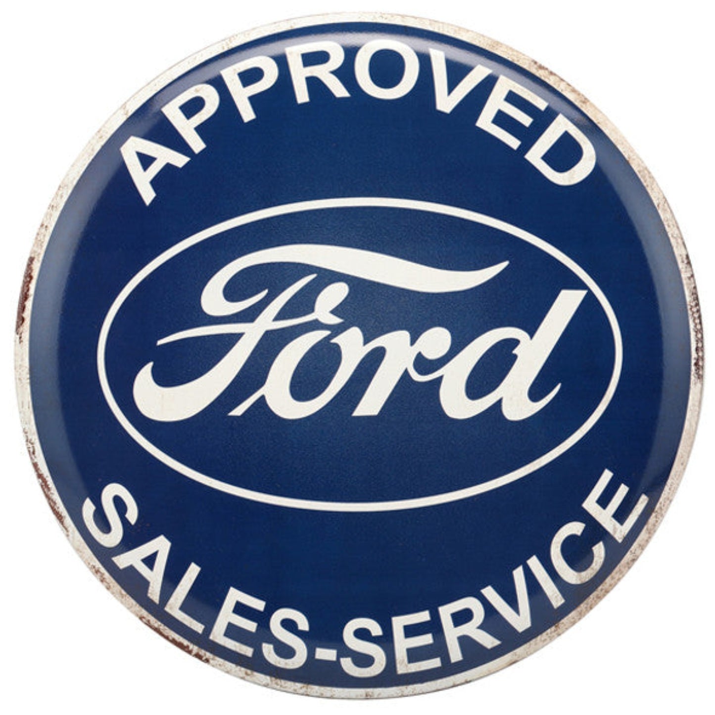 Shiny blue round tin sign featuring the white Ford logo with the words "Approved Sales-Service".