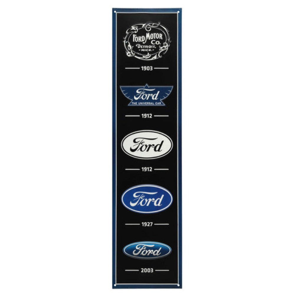 A timeline of Ford's logo evolution, this embossed tin sign features sequential Ford logos from 1903, 1912, 1927, and 2003 in white and blue, celebrating the brand's heritage in automotive history.