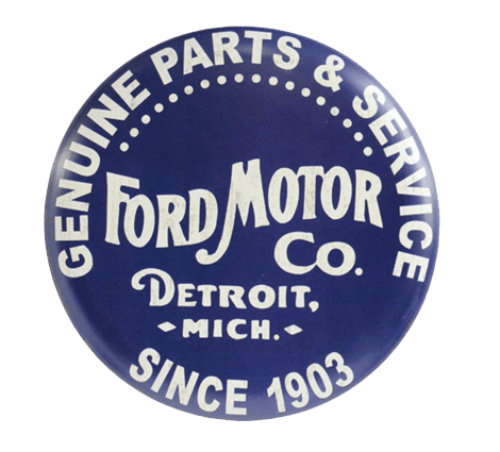 Classic round blue and white Ford Motor Company vintage button sign highlighting their heritage since 1903.
