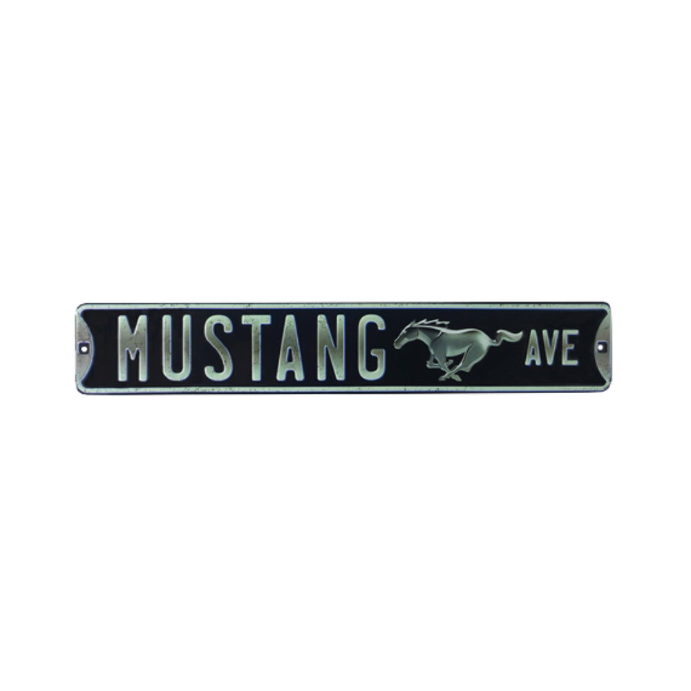 Ford Mustang Ave black embossed tin street sign with iconic Mustang logo.