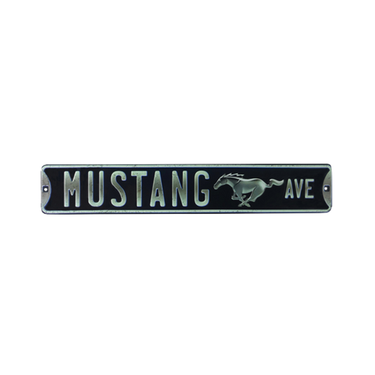 Ford Mustang Ave black embossed tin street sign with iconic Mustang logo.