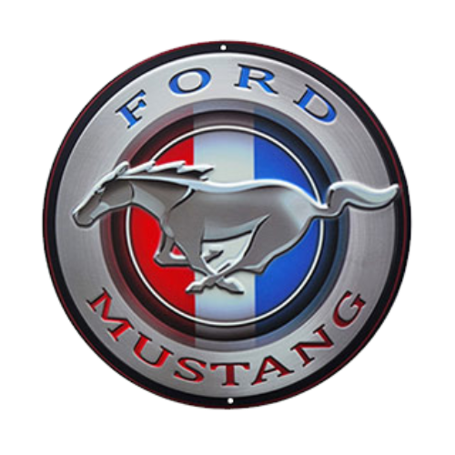 Round embossed tin sign with the Ford Mustang logo, perfect for automotive enthusiasts and fans of the classic sports car.