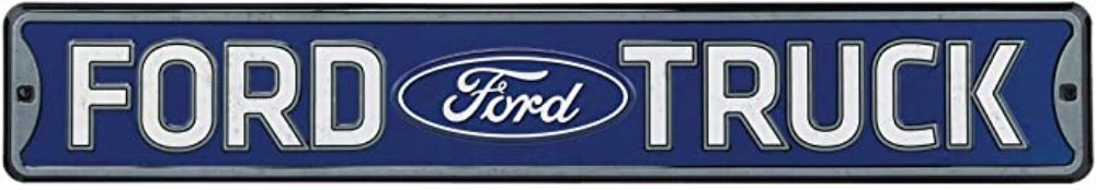 "Ford Truck" tin street sign in blue and silver with the classic Ford logo.