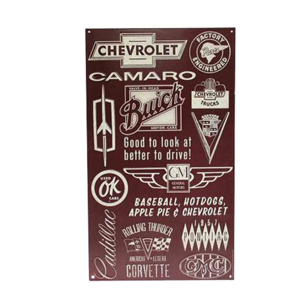"General Motors Logo" vintage-inspired tin sign featuring classic GM brands and slogans in a stylish brown and white color scheme.