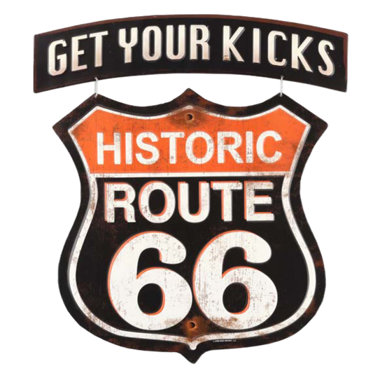 Retro styled tin sign displaying "Get Your Kicks" at the top and "Historic Route 66" shield below.