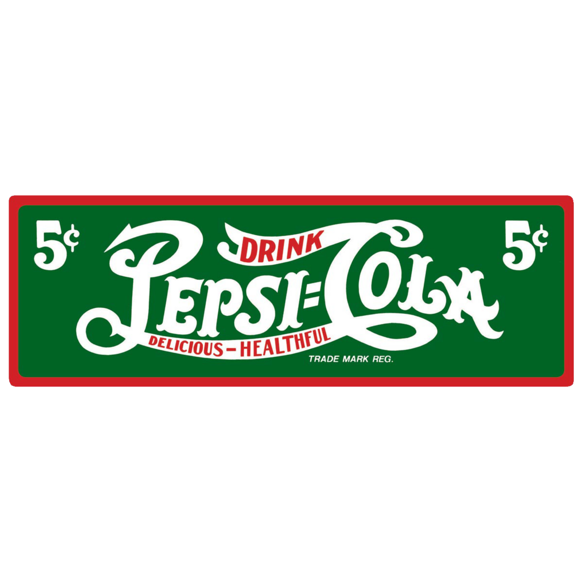 "Drink Pepsi-Cola - 5 cents" vintage-style tin sign with a green background and white lettering.