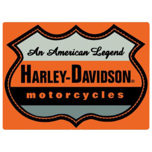 "Harley-Davidson Motorcycles - An American Legend" logo on an orange and black tin sign.