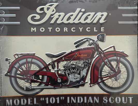 Vintage Indian Scout Model 101 motorcycle depicted on a tin sign with the Indian Motorcycle logo.