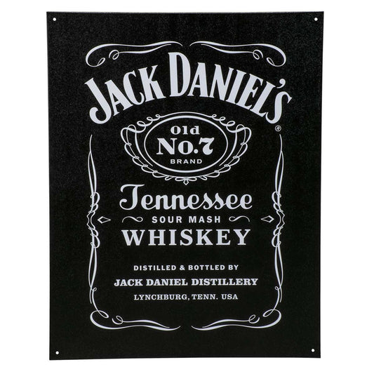 Black and white Jack Daniel's tin sign featuring the classic Old No. 7 logo and labeling details.