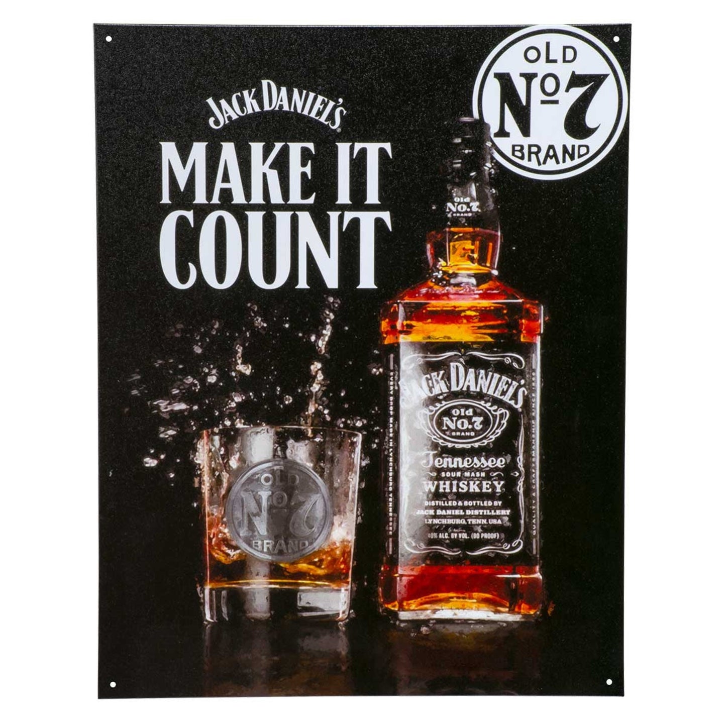 Jack Daniel's sign with "Make It Count" text, showcasing a bottle and glass of whiskey against a splashy backdrop.