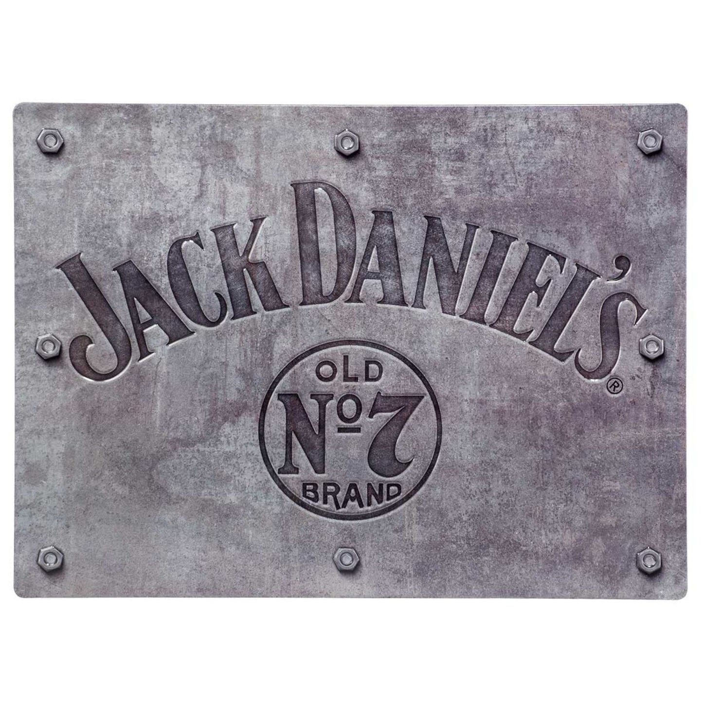 Embossed Jack Daniel's sign with 'Old No. 7 Brand' logo on a distressed metal background.
