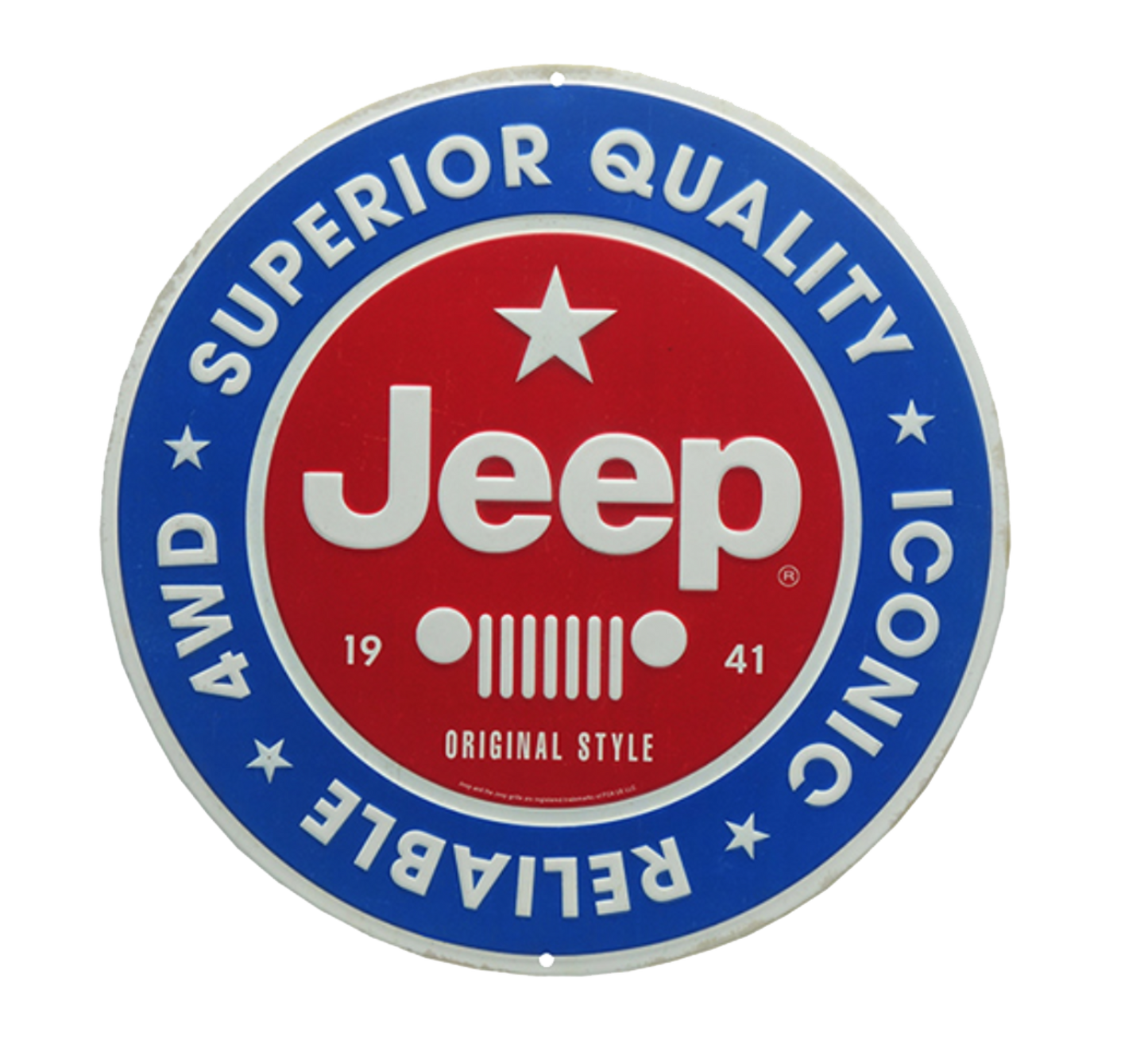 Round embossed tin sign with Jeep logo in red and blue, symbolizing superior quality and original style.