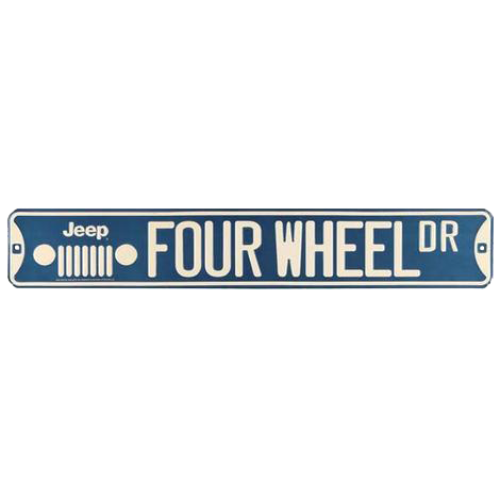 Vintage-inspired Jeep "FOUR WHEEL DR" street tin sign in blue with white lettering and Jeep grille design.