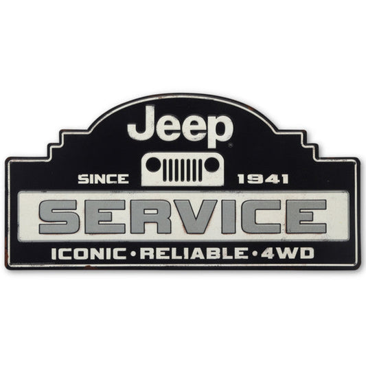 Black and white metal sign with "Jeep Service" written on it, along with "Since 1941" and the iconic Jeep grille logo.