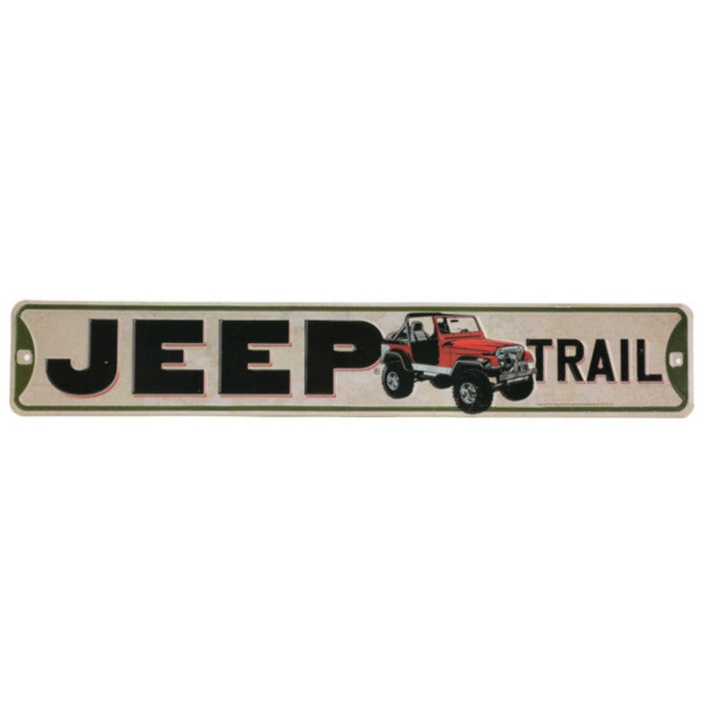 "Jeep Trail" embossed metal street sign featuring bold lettering and a red Jeep illustration.