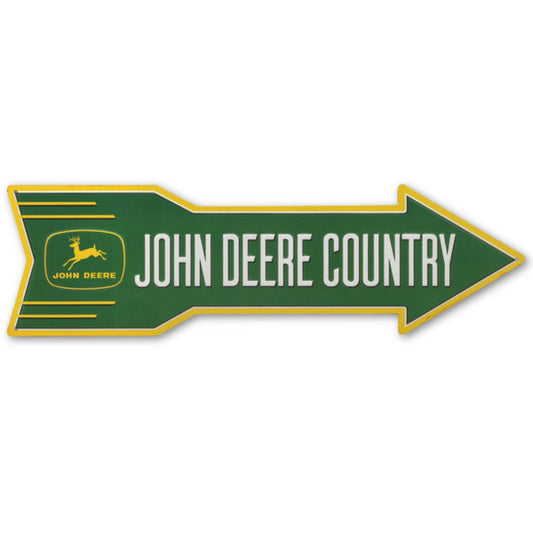 Green and yellow arrow-shaped metal sign with the John Deere logo and the words "John Deere Country".