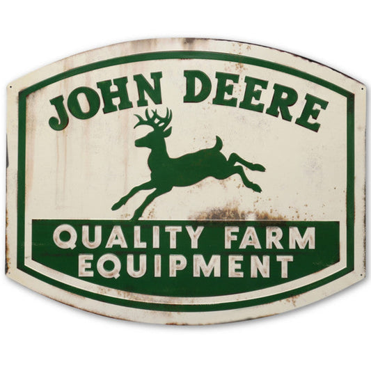 Iconic John Deere Quality Farm Equipment Embossed Metal Sign with classic green and white design.