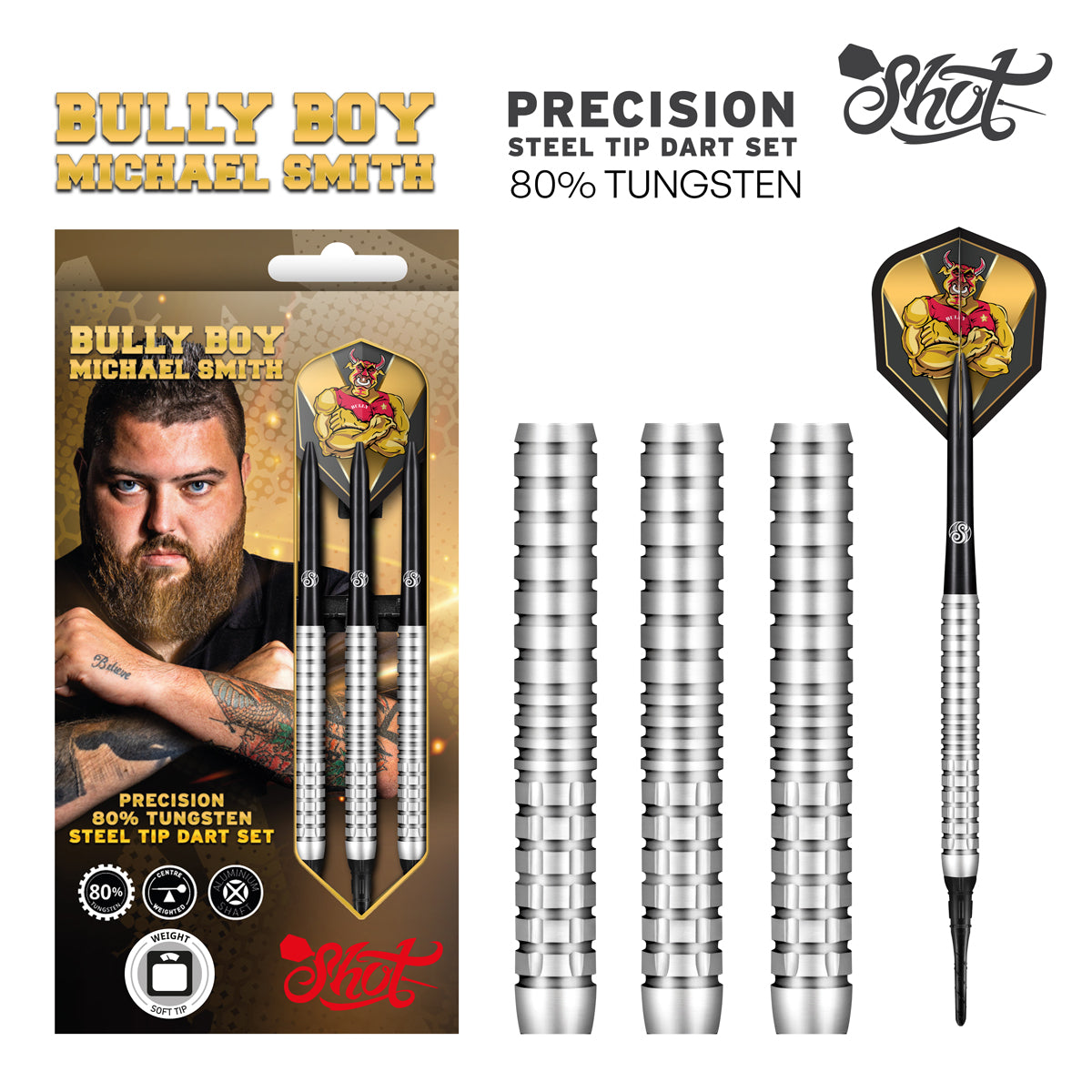 Shot Darts Michael Smith Bully Boy Precision Soft Tip Dart Set- 80% Tungsten -18gm