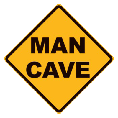 "MAN CAVE" warning-style diamond-shaped tin sign in yellow and black.
