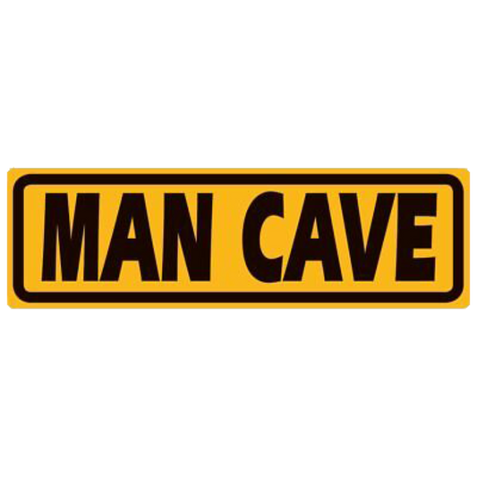 "Man Cave" inscribed on a rectangular, bold tin sign in black and yellow, ideal for designating a personal space.