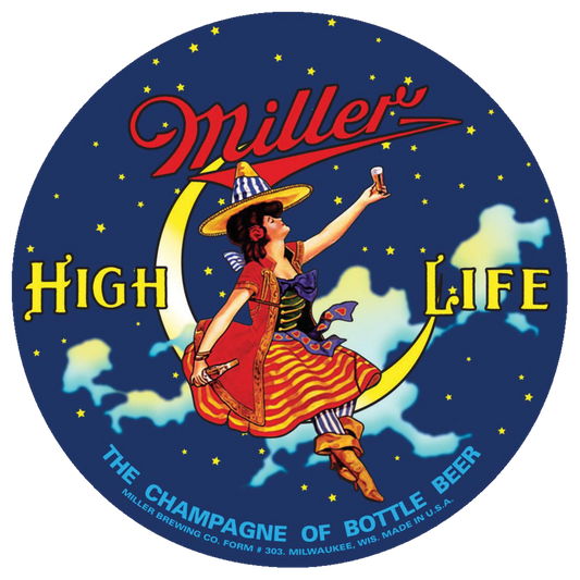 Vintage Miller High Life tin sign with a lady sitting on a crescent moon, holding a beer, against a starry background.