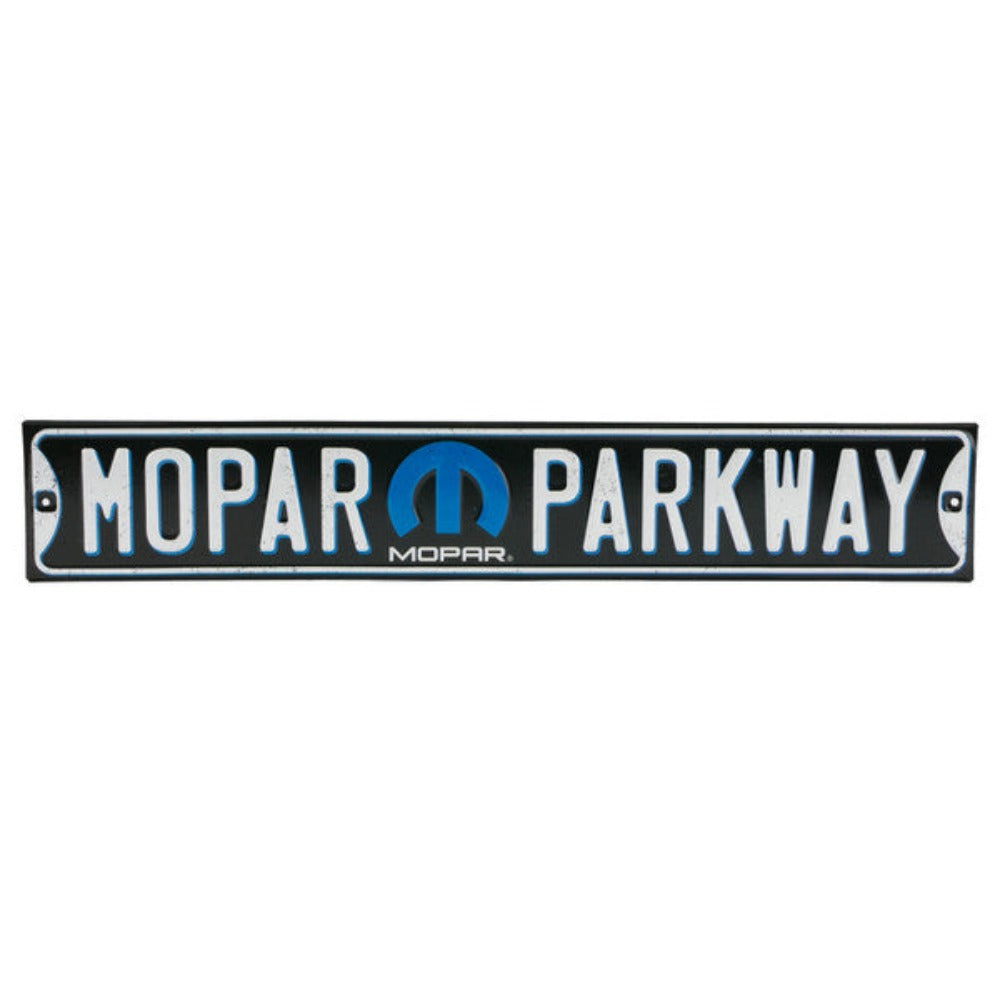 "Mopar Parkway" embossed metal street sign featuring the Mopar logo in blue and white color scheme.