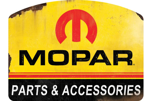 Distressed yellow tin sign featuring the Mopar logo and "Parts & Accessories" text.