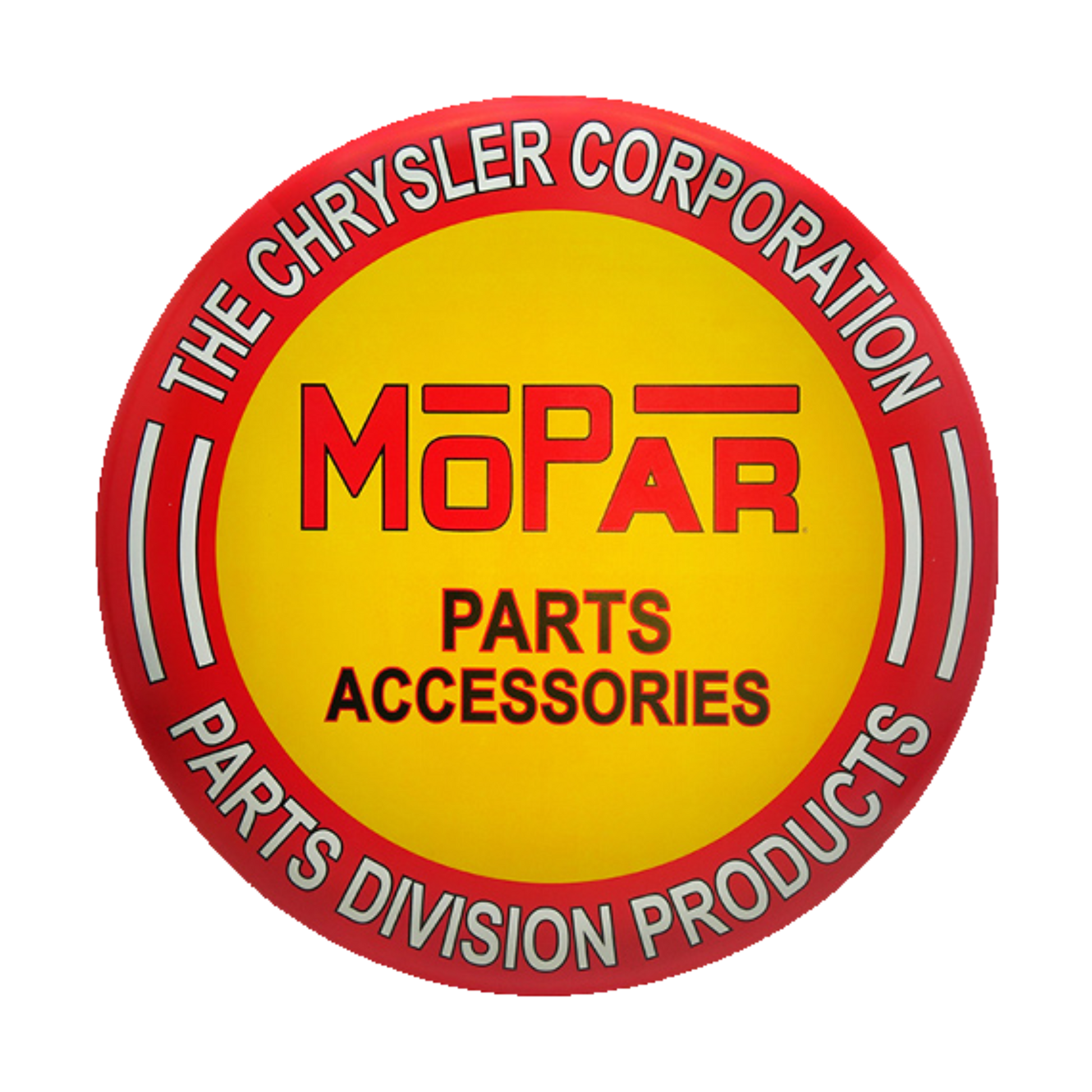 Red and yellow tin sign featuring the Mopar logo, with references to the Chrysler Corporation and Parts Division Products.